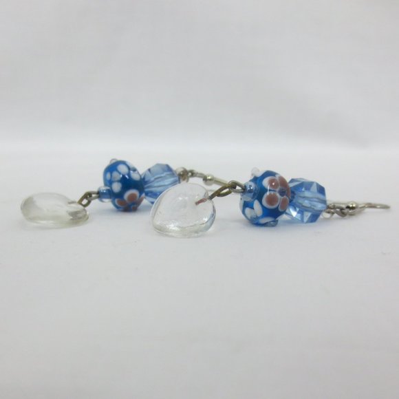 New Blue Floral Lampwork Glass Heart Lightweight Dangle Earrings - Picture 3 of 6